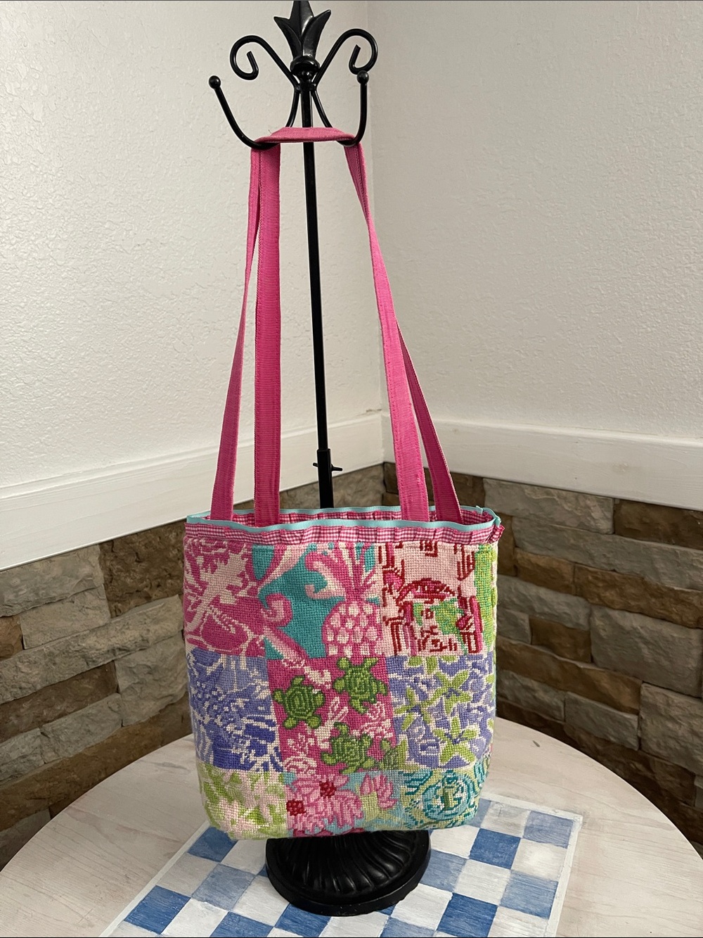 Vintage Patchwork Floral Purse - Tote Lilly Pulitzer Inspired Needlepoint